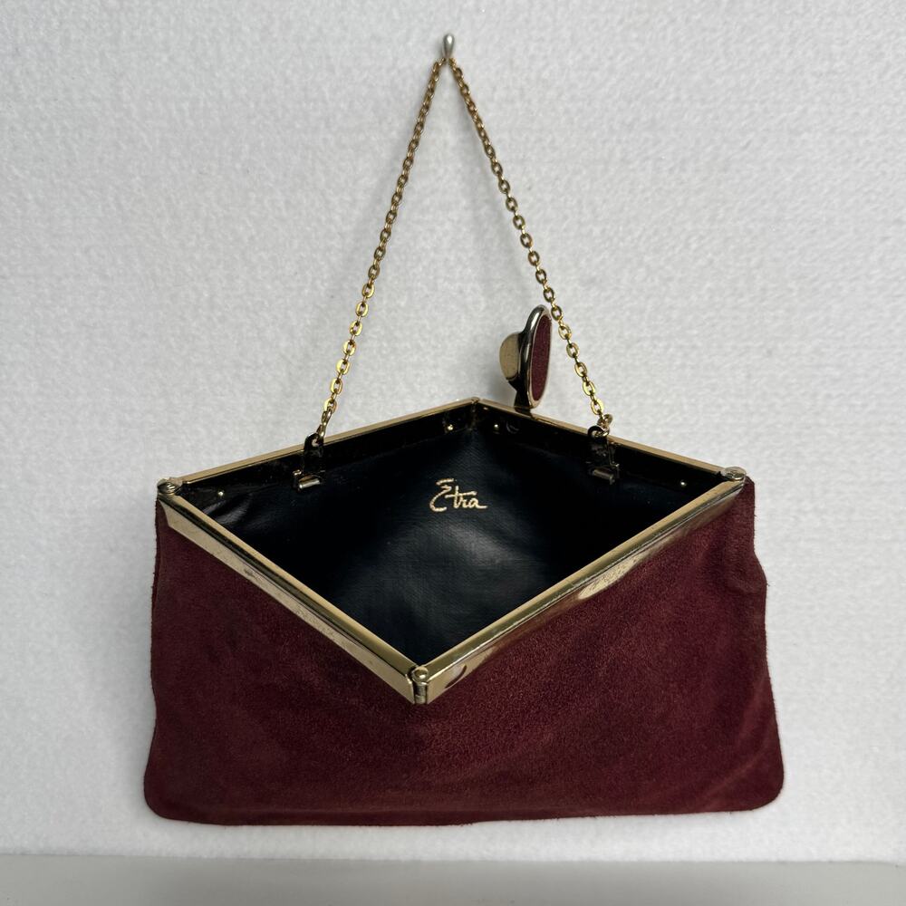 Vintage 1960s Etra Burgundy Suede Oyster Frame Clutch Evening Handbag